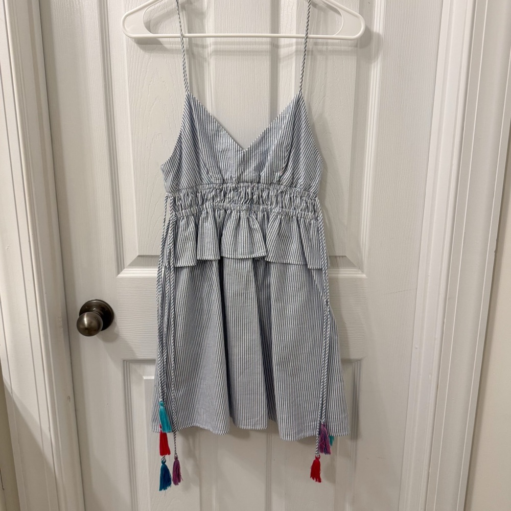 Striped Blue Spaghetti Strap Sundress with Tassel Detail